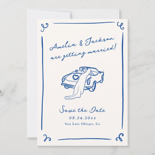 Whimsical Hand Drawing Blue Save the Date QR Code Einladung (Vorderseite)