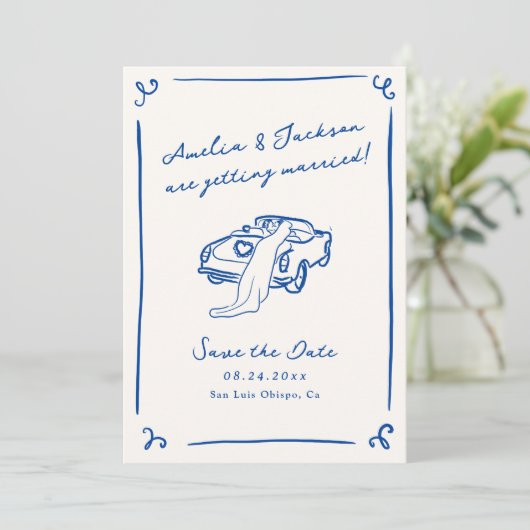 Whimsical Hand Drawing Blue Save the Date QR Code Einladung (Stehend Vorderseite)
