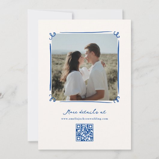 Whimsical Hand Drawing Blue Save the Date QR Code Einladung (Rückseite)
