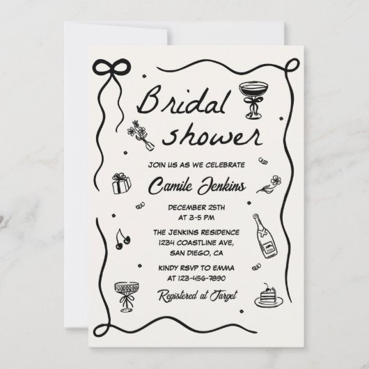 Whimsical Hand Drawing Brautparty Einladung (Vorderseite)