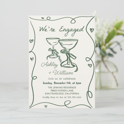 Whimsical Hand Drawing Champagne Engagement Party Einladung (Stehend Vorderseite)