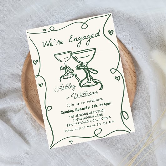 Whimsical Hand Drawing Champagne Engagement Party Einladung