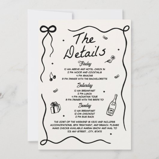 Whimsical Hand Drawing Cocktail Junggeselinnen-Abs Einladung (Rückseite)