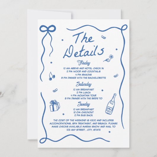 Whimsical Hand Drawing Cocktail Junggeselinnen-Abs Einladung (Rückseite)