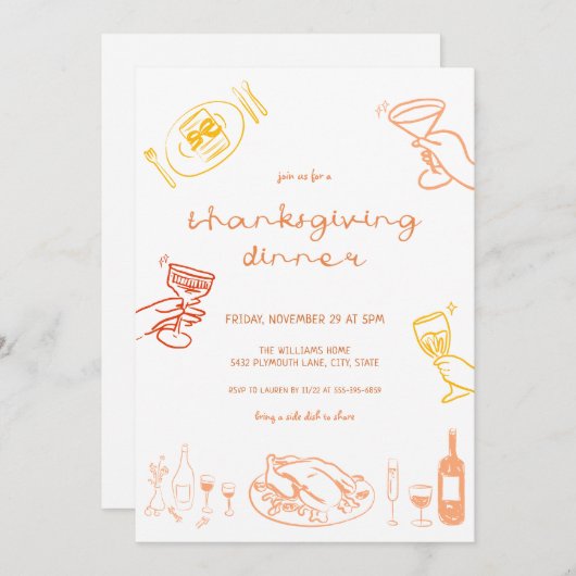 Whimsical Hand Drawing Erntedank Dinner einladen Einladung (Vorne/Hinten)