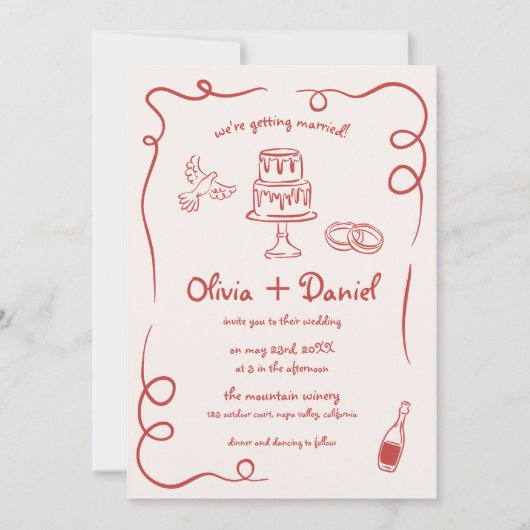 Whimsical Hand Drawing Foto QR Code Red Wedding Einladung (Vorderseite)