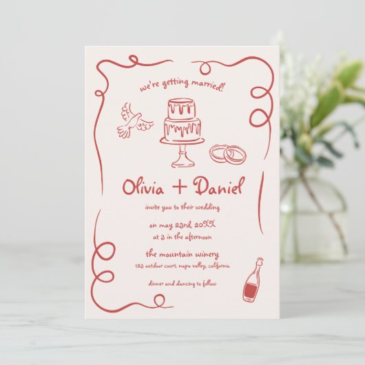 Whimsical Hand Drawing Foto QR Code Red Wedding Einladung (Stehend Vorderseite)