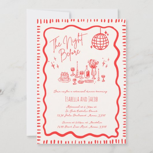 Whimsical Hand Drawing Fun Red Wavy Probe Dinner Einladung (Vorderseite)