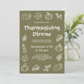 Whimsical Hand Drawing Green Erntedank Dinner Einladung (Stehend Vorderseite)