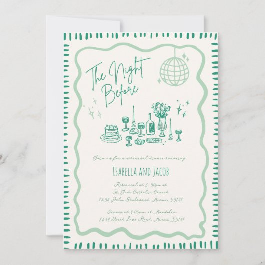 Whimsical Hand Drawing Green Wavy Probe Dinner Einladung (Vorderseite)