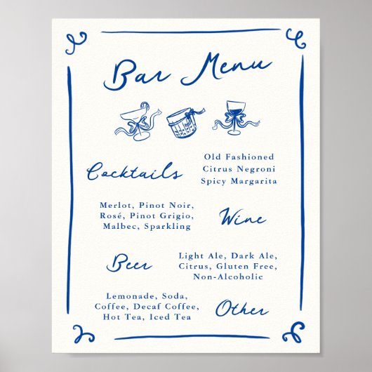 Whimsical Hand Drawing Navy Bar Menu Poster (Vorne)