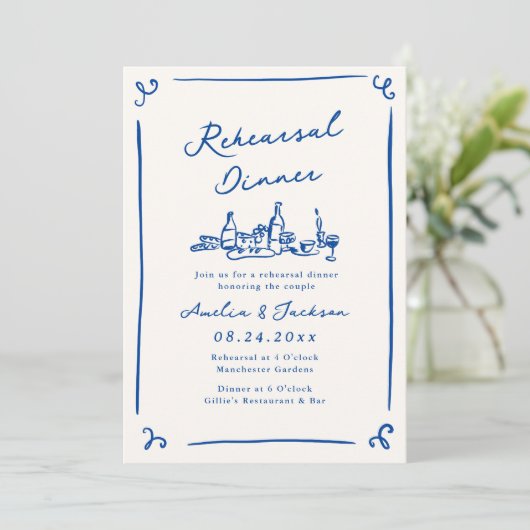 Whimsical Hand Drawing Navy Blue Probe Dinner Einladung (Stehend Vorderseite)