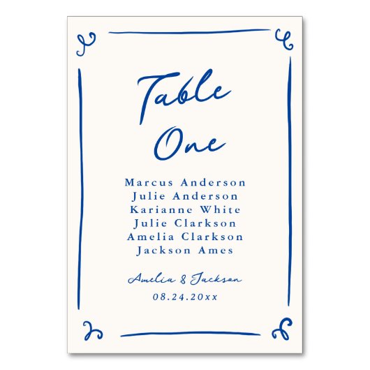 Whimsical Hand Drawing Navy Blue Table Card Tischnummer (Vorderseite)