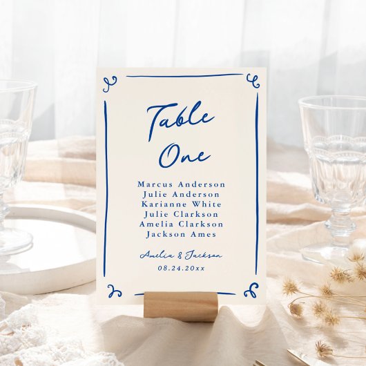 Whimsical Hand Drawing Navy Blue Table Card Tischnummer