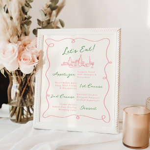 Whimsical Hand Drawing Rosa & Green Menü Poster