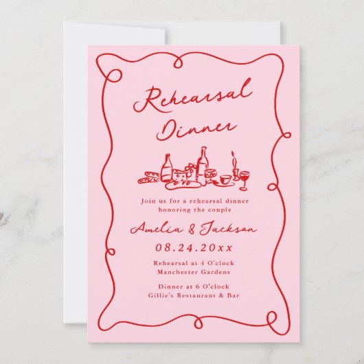 Whimsical Hand Drawing Rosa & Rote Probe Abendesse Einladung (Vorderseite)