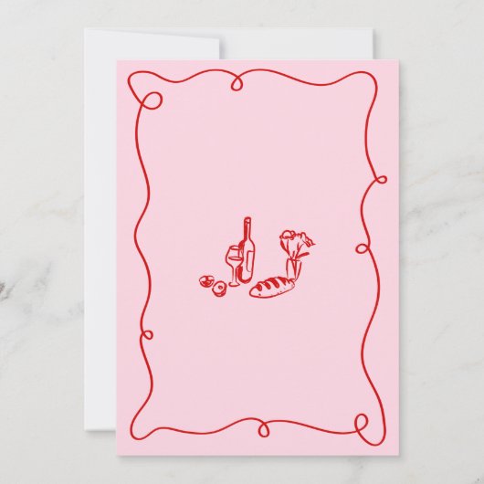 Whimsical Hand Drawing Rosa & Rote Probe Abendesse Einladung (Rückseite)