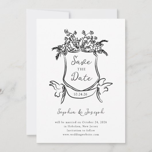 Whimsical Hand Drawing Wappen mit Foto Save The Date (Vorderseite)