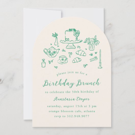 Whimsical Hand Drawn Birthday Brunch Tee Party Einladung (Vorderseite)
