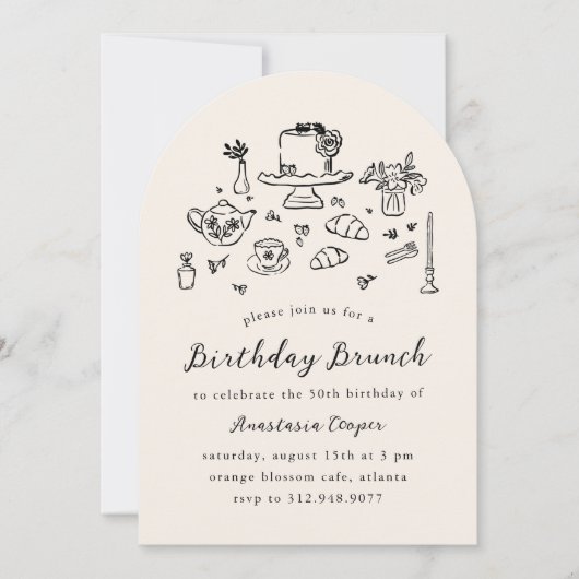 Whimsical Hand Drawn Birthday Brunch Tee Party Einladung (Vorderseite)