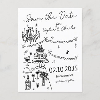 Whimsical Hand Drawn Black Illustration Hochzeit Postkarte