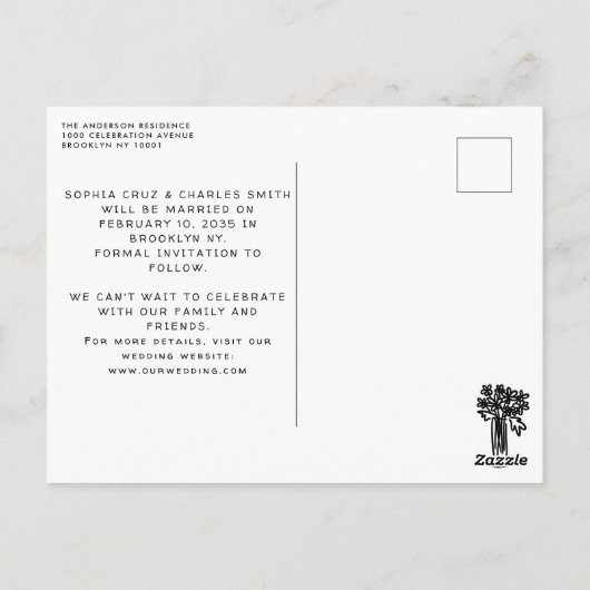 Whimsical Hand Drawn Black Illustration Hochzeit Postkarte (Rückseite)