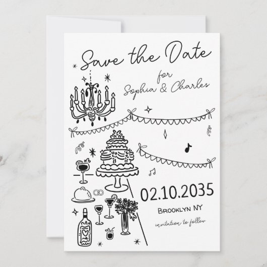 Whimsical Hand Drawn Black Illustration Hochzeit Save The Date (Vorderseite)