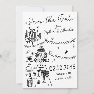 Whimsical Hand Drawn Black Illustration Hochzeit Save The Date