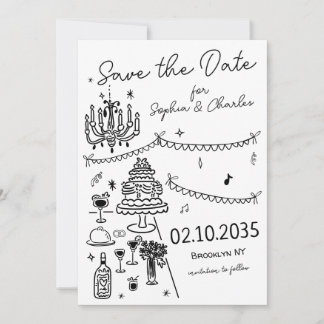 Whimsical Hand Drawn Black Illustration Hochzeit Save The Date