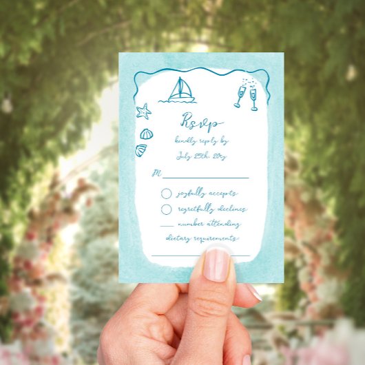Whimsical Hand Drawn Blue Beach Thema RSVP Karte