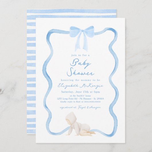Whimsical Hand Drawn Blue Bow Boy Baby Shower Einladung (Vorne/Hinten)