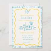 Whimsical Hand Drawn Blue Bow Wavy Hochzeit Einladung (Vorderseite)