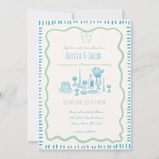 Whimsical Hand Drawn Blue Bow Wavy Hochzeit Einladung (Vorderseite)