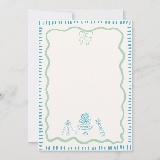 Whimsical Hand Drawn Blue Bow Wavy Hochzeit Einladung (Rückseite)