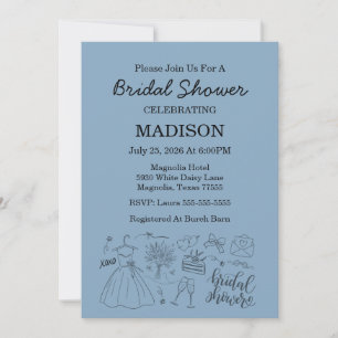 Whimsical Hand Drawn Blue Brautparty Einladung