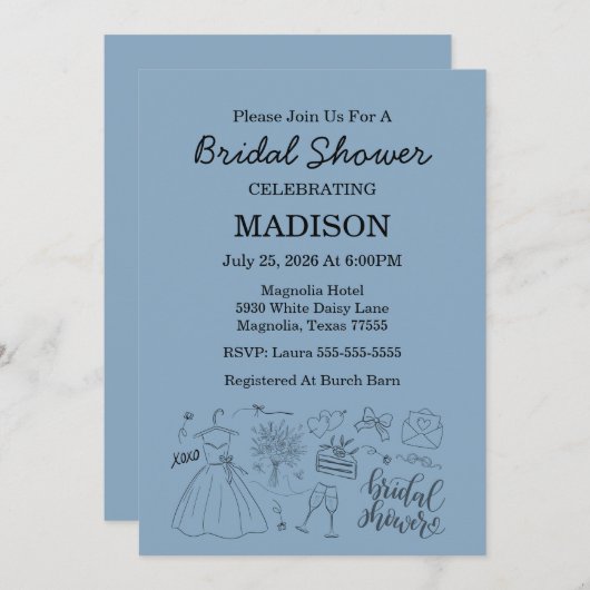 Whimsical Hand Drawn Blue Brautparty Einladung (Vorne/Hinten)