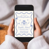 Whimsical Hand Drawn Blue Cream Hochzeitsempfang Einladung