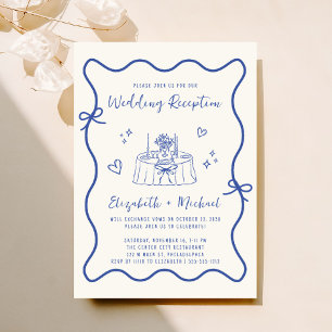 Whimsical Hand Drawn Blue Cream Hochzeitsempfang Einladung