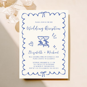 Whimsical Hand Drawn Blue Cream Hochzeitsempfang Einladung