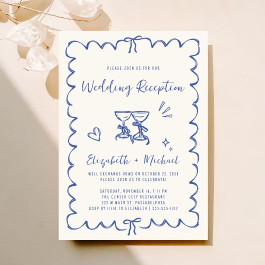 Whimsical Hand Drawn Blue Cream Hochzeitsempfang Einladung