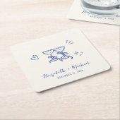 Whimsical Hand Drawn Blue Cream Wedding Rechteckiger Pappuntersetzer (angewinkelt)
