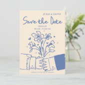 Whimsical Hand Drawn Blue Floral Wedding Save The Date (Stehend Vorderseite)