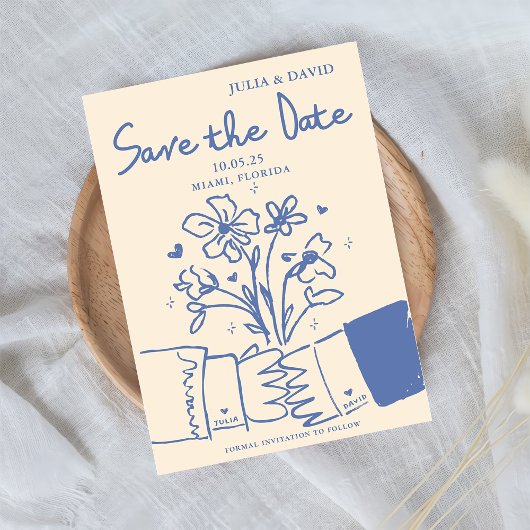 Whimsical Hand Drawn Blue Floral Wedding Save The Date