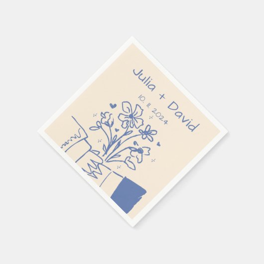 Whimsical Hand Drawn Blue Floral Wedding Serviette (Ecke)