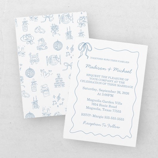 Whimsical Hand Drawn Blue Illustriert Wedding Einladung