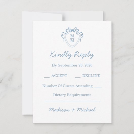 Whimsical Hand Drawn Blue Illustriert Wedding RSVP Karte (Vorderseite)