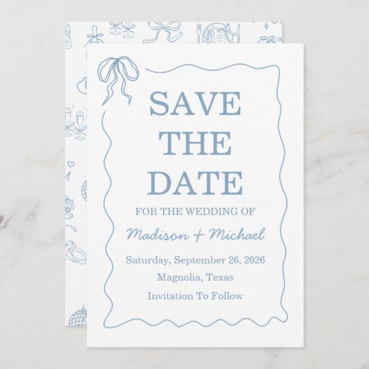 Whimsical Hand Drawn Blue Illustriert Wedding Save The Date (Vorne/Hinten)