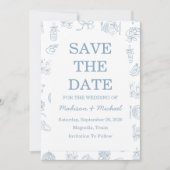 Whimsical Hand Drawn Blue Illustriert Wedding Save The Date (Vorderseite)