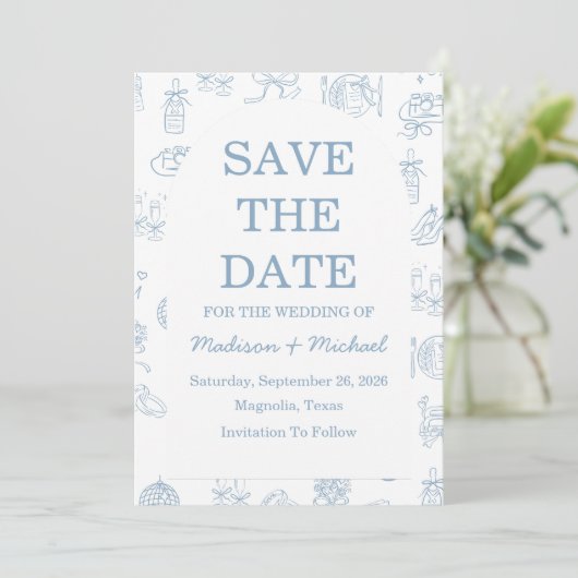 Whimsical Hand Drawn Blue Illustriert Wedding Save The Date (Stehend Vorderseite)