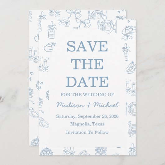 Whimsical Hand Drawn Blue Illustriert Wedding Save The Date (Vorne/Hinten)